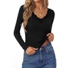 image:imagePRETTYGARDEN Womens Long Sleeve Shirts Lace Trim V Neck Ribbed Slim Fitted Basic Tees Y2K Going Out Tops 2026 Fall ClothesBlack
