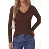 image:imagePRETTYGARDEN Womens Long Sleeve Shirts Lace Trim V Neck Ribbed Slim Fitted Basic Tees Y2K Going Out Tops 2026 Fall ClothesBrown
