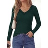 image:imagePRETTYGARDEN Womens Long Sleeve Shirts Lace Trim V Neck Ribbed Slim Fitted Basic Tees Y2K Going Out Tops 2026 Fall ClothesDark Green