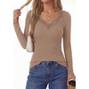 image:imagePRETTYGARDEN Womens Long Sleeve Shirts Lace Trim V Neck Ribbed Slim Fitted Basic Tees Y2K Going Out Tops 2026 Fall ClothesKhaki