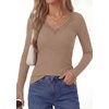 image:imagePRETTYGARDEN Womens Long Sleeve Shirts Lace Trim V Neck Ribbed Slim Fitted Basic Tees Y2K Going Out Tops 2026 Fall ClothesKhaki