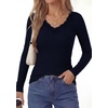 image:imagePRETTYGARDEN Womens Long Sleeve Shirts Lace Trim V Neck Ribbed Slim Fitted Basic Tees Y2K Going Out Tops 2026 Fall ClothesNavy Blue