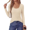 image:imagePRETTYGARDEN Womens Long Sleeve Tops Casual Fall Fashion 2026 Lace Square Neck Fitted Ribbed Knit Tee Shirts Winter ClothingBeige