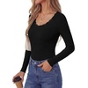 image:imagePRETTYGARDEN Womens Long Sleeve Tops Casual Fall Fashion 2026 Lace Square Neck Fitted Ribbed Knit Tee Shirts Winter ClothingBlack