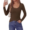image:imagePRETTYGARDEN Womens Long Sleeve Tops Casual Fall Fashion 2026 Lace Square Neck Fitted Ribbed Knit Tee Shirts Winter ClothingBrown