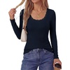 image:imagePRETTYGARDEN Womens Long Sleeve Tops Casual Fall Fashion 2026 Lace Square Neck Fitted Ribbed Knit Tee Shirts Winter ClothingNavy Blue