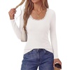 image:imagePRETTYGARDEN Womens Long Sleeve Tops Casual Fall Fashion 2026 Lace Square Neck Fitted Ribbed Knit Tee Shirts Winter ClothingWhite