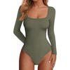 image:imagePRETTYGARDEN Bodysuits for Women 2026 Fall Long Sleeve Body Suits Scoop Neck Ribbed Knit Fitted Basic Tops Soft Tee ShirtsArmy Green