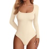 image:imagePRETTYGARDEN Bodysuits for Women 2026 Fall Long Sleeve Body Suits Scoop Neck Ribbed Knit Fitted Basic Tops Soft Tee ShirtsBeige