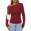 image:imagePRETTYGARDEN Off The Shoulder Tops for Women Going Out Long Sleeve Shirts 2026 Fall Casual Fitted Ribbed Ruched Y2K ClothesWine Red