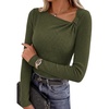 image:imagePRETTYGARDEN Womens 2026 Early Fall Fashion Long Sleeve T Shirts Asymmetrical Ribbed Fitted Trendy Going Out Tops Y2K OutfitsArmy Green