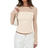 image:imagePRETTYGARDEN Womens 2026 Fall Long Sleeve T Shirts Sheer Mesh Boat Neck Ruched Fitted Going Out Summer Tops Fashion ClothingApricot