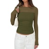 image:imagePRETTYGARDEN Womens 2026 Fall Long Sleeve T Shirts Sheer Mesh Boat Neck Ruched Fitted Going Out Summer Tops Fashion ClothingArmy Green