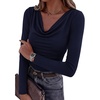 image:imagePRETTYGARDEN Womens Long Sleeve Shirts 2026 Fall Outfits Cowl Neck Ruched Slim Fitted Going Out Tops Y2K Fashion ClothingNavy Blue