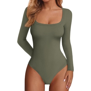 image:imagePRETTYGARDEN Bodysuits for Women 2026 Fall Long Sleeve Body Suits Scoop Neck Ribbed Knit Fitted Basic Tops Soft Tee ShirtsArmy Green