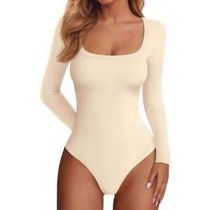 image:imagePRETTYGARDEN Bodysuits for Women 2026 Fall Long Sleeve Body Suits Scoop Neck Ribbed Knit Fitted Basic Tops Soft Tee ShirtsBeige