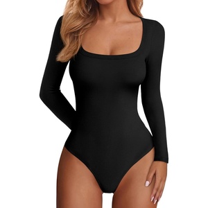 image:imagePRETTYGARDEN Bodysuits for Women 2026 Fall Long Sleeve Body Suits Scoop Neck Ribbed Knit Fitted Basic Tops Soft Tee ShirtsBlack