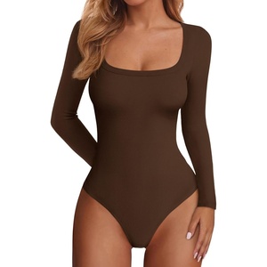 image:imagePRETTYGARDEN Bodysuits for Women 2026 Fall Long Sleeve Body Suits Scoop Neck Ribbed Knit Fitted Basic Tops Soft Tee ShirtsBrown