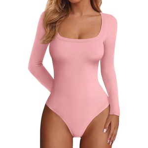 image:imagePRETTYGARDEN Bodysuits for Women 2026 Fall Long Sleeve Body Suits Scoop Neck Ribbed Knit Fitted Basic Tops Soft Tee ShirtsPink