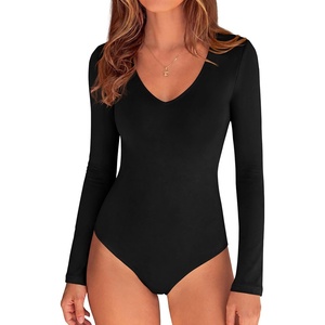 image:imagePRETTYGARDEN Bodysuits for Women 2026 Fall Long Sleeve Shirts V Neck Slim Fitted Basic Tees Going Out Tops Fashion ClothingBlack