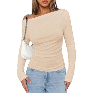 image:imagePRETTYGARDEN Off The Shoulder Tops for Women Going Out Long Sleeve Shirts 2026 Fall Casual Fitted Ribbed Ruched Y2K ClothesBeige