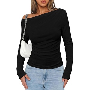 image:imagePRETTYGARDEN Off The Shoulder Tops for Women Going Out Long Sleeve Shirts 2026 Fall Casual Fitted Ribbed Ruched Y2K ClothesBlack