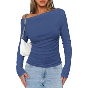 image:imagePRETTYGARDEN Off The Shoulder Tops for Women Going Out Long Sleeve Shirts 2026 Fall Casual Fitted Ribbed Ruched Y2K ClothesGrey Blue