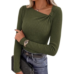 image:imagePRETTYGARDEN Womens 2026 Early Fall Fashion Long Sleeve T Shirts Asymmetrical Ribbed Fitted Trendy Going Out Tops Y2K OutfitsArmy Green