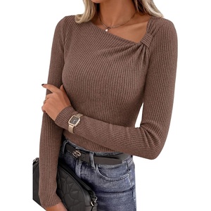 image:imagePRETTYGARDEN Womens 2026 Early Fall Fashion Long Sleeve T Shirts Asymmetrical Ribbed Fitted Trendy Going Out Tops Y2K OutfitsBrown