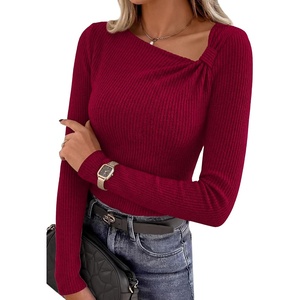 image:imagePRETTYGARDEN Womens 2026 Early Fall Fashion Long Sleeve T Shirts Asymmetrical Ribbed Fitted Trendy Going Out Tops Y2K OutfitsDark Red