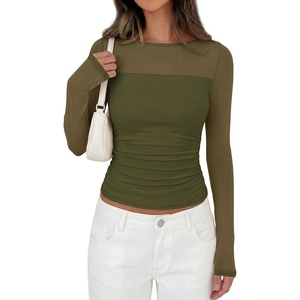 image:imagePRETTYGARDEN Womens 2026 Fall Long Sleeve T Shirts Sheer Mesh Boat Neck Ruched Fitted Going Out Summer Tops Fashion ClothingArmy Green