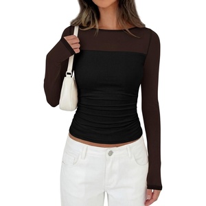 image:imagePRETTYGARDEN Womens 2026 Fall Long Sleeve T Shirts Sheer Mesh Boat Neck Ruched Fitted Going Out Summer Tops Fashion ClothingBlack