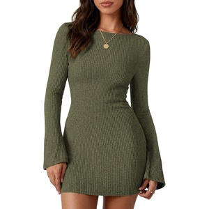 image:imagePRETTYGARDEN Womens Fall Bell Long Sleeve Mini Dress 2026 Casual Boat Neck Ribbed Bodycon Short Party Cocktail DressesArmy Green