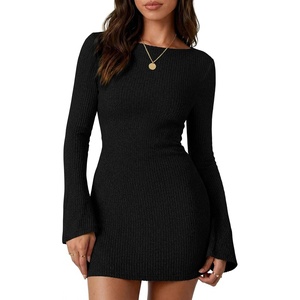 image:imagePRETTYGARDEN Womens Fall Bell Long Sleeve Mini Dress 2026 Casual Boat Neck Ribbed Bodycon Short Party Cocktail DressesBlack