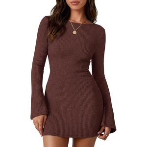 image:imagePRETTYGARDEN Womens Fall Bell Long Sleeve Mini Dress 2026 Casual Boat Neck Ribbed Bodycon Short Party Cocktail DressesBrown