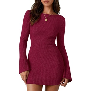 image:imagePRETTYGARDEN Womens Fall Bell Long Sleeve Mini Dress 2026 Casual Boat Neck Ribbed Bodycon Short Party Cocktail DressesWine Red