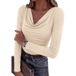 image:imagePRETTYGARDEN Womens Long Sleeve Shirts 2026 Fall Outfits Cowl Neck Ruched Slim Fitted Going Out Tops Y2K Fashion ClothingBeige