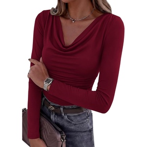 image:imagePRETTYGARDEN Womens Long Sleeve Shirts 2026 Fall Outfits Cowl Neck Ruched Slim Fitted Going Out Tops Y2K Fashion ClothingBurgundy
