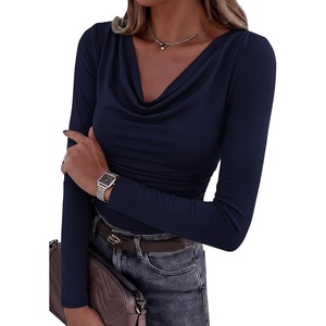 image:imagePRETTYGARDEN Womens Long Sleeve Shirts 2026 Fall Outfits Cowl Neck Ruched Slim Fitted Going Out Tops Y2K Fashion ClothingNavy Blue