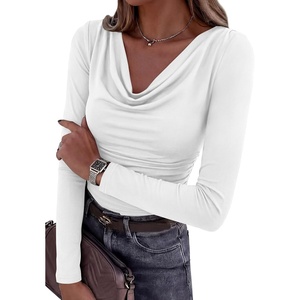 image:imagePRETTYGARDEN Womens Long Sleeve Shirts 2026 Fall Outfits Cowl Neck Ruched Slim Fitted Going Out Tops Y2K Fashion ClothingWhite