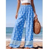 image:imagePRETTYGARDEN Womens Pants Elastic Waist Floral Lightweight Palazzo Pants for Women Casual Lounge Wide Leg Pants WomanFloral Blue White