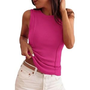 image:imagePRETTYGARDEN Sleeveless Tops for Women 2026 Summer Ribbed Tank Top Fitted Shirts Basic Tees Cute Spring Going Out Y2k ClothesRose Red