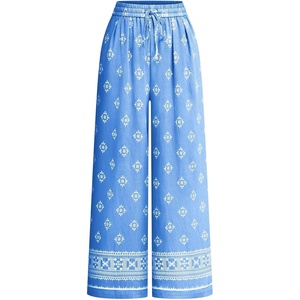 image:imagePRETTYGARDEN Womens Pants Elastic Waist Floral Lightweight Palazzo Pants for Women Casual Lounge Wide Leg Pants WomanFloral Blue White