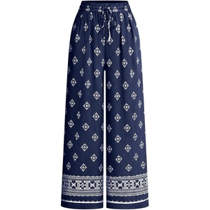 image:imagePRETTYGARDEN Womens Pants Elastic Waist Floral Lightweight Palazzo Pants for Women Casual Lounge Wide Leg Pants WomanFloral Navy White