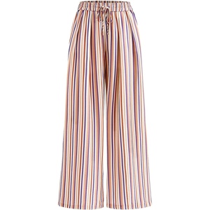 image:imagePRETTYGARDEN Womens Pants Elastic Waist Floral Lightweight Palazzo Pants for Women Casual Lounge Wide Leg Pants WomanMulti Striped Khaki