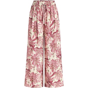 image:imagePRETTYGARDEN Womens Pants Elastic Waist Floral Lightweight Palazzo Pants for Women Casual Lounge Wide Leg Pants WomanPink Leaves