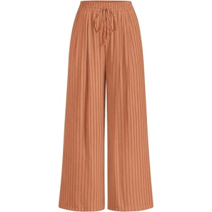 image:imagePRETTYGARDEN Womens Pants Elastic Waist Floral Lightweight Palazzo Pants for Women Casual Lounge Wide Leg Pants WomanStripe Brick Red Brown