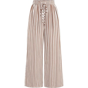 image:imagePRETTYGARDEN Womens Pants Elastic Waist Floral Lightweight Palazzo Pants for Women Casual Lounge Wide Leg Pants WomanStripe Brown