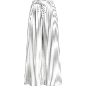 image:imagePRETTYGARDEN Womens Pants Elastic Waist Floral Lightweight Palazzo Pants for Women Casual Lounge Wide Leg Pants WomanStripe Grey White