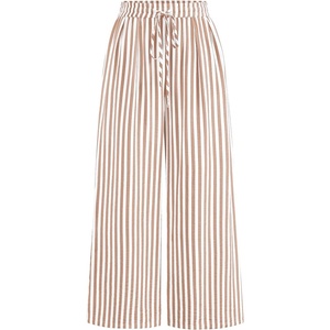 image:imagePRETTYGARDEN Womens Pants Elastic Waist Floral Lightweight Palazzo Pants for Women Casual Lounge Wide Leg Pants WomanStripe Khaki